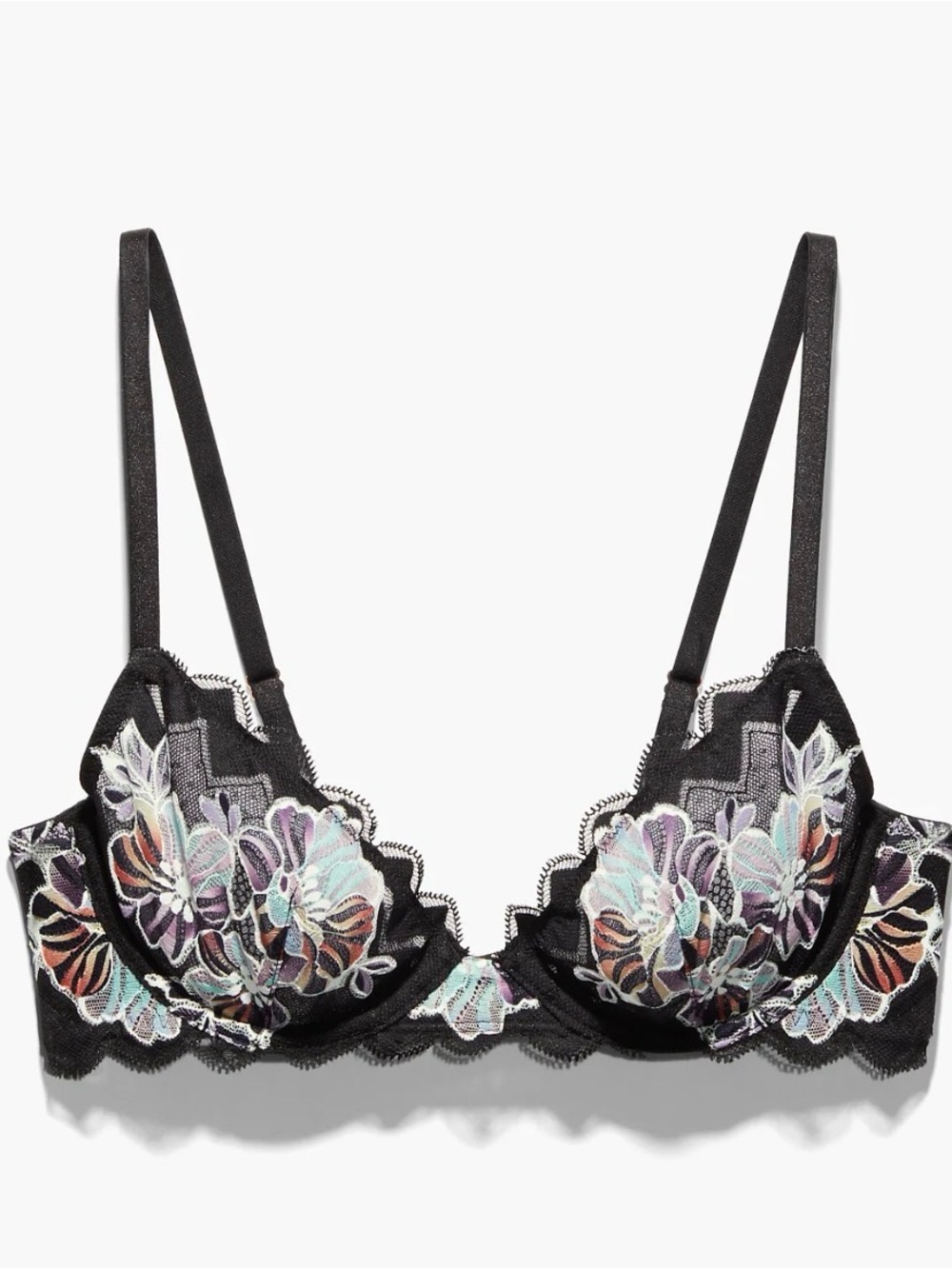 Savage X Fenty Black Lace Underwire Bra with Pastel Floral Embroidery